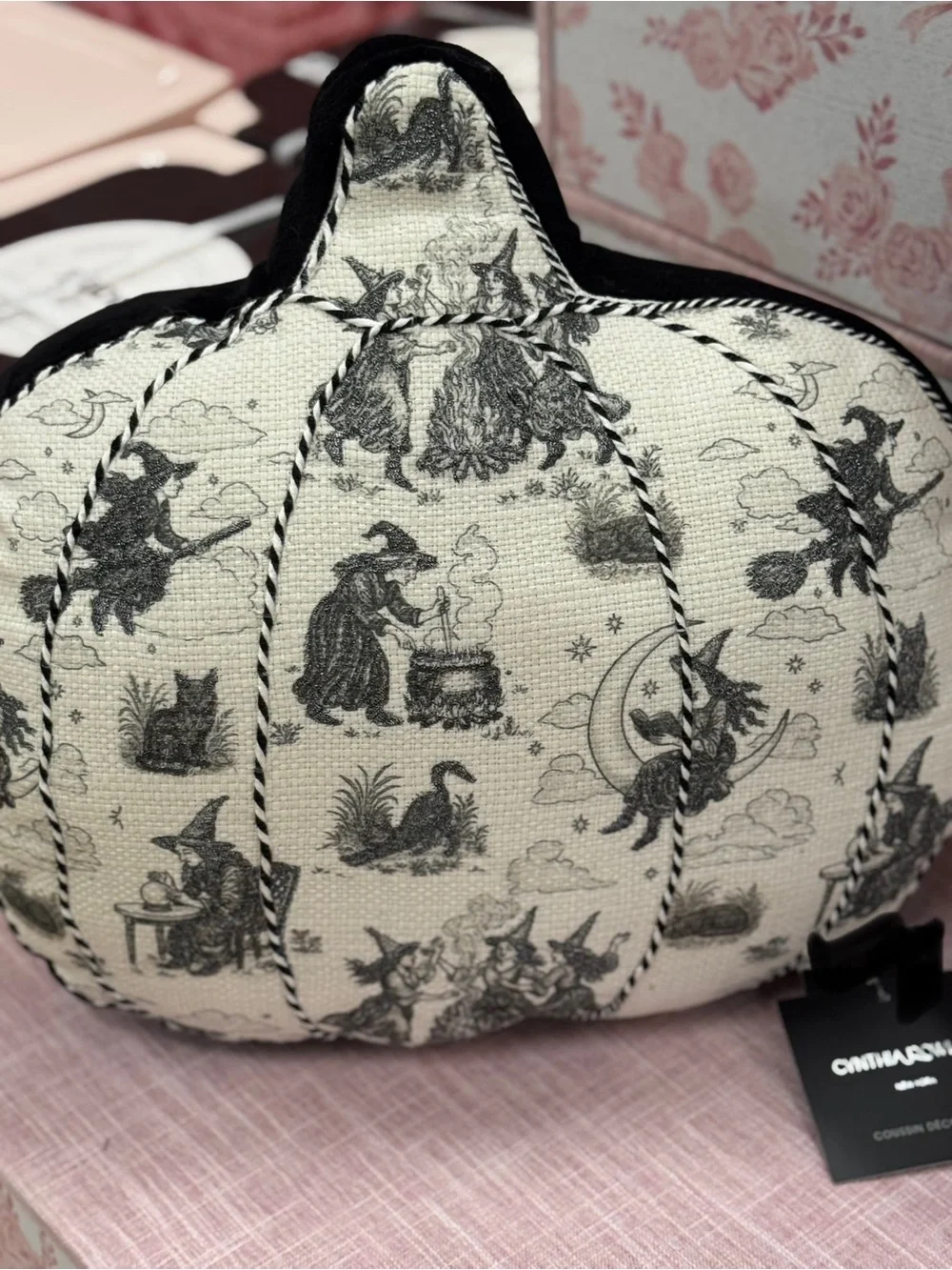 Decorative Witch Print Pumpkin Pillow - Black & Cream